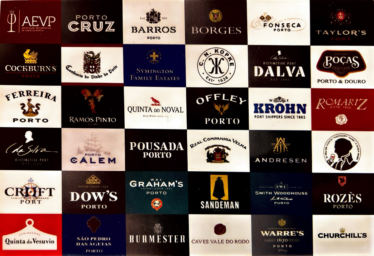A grid collage of all the various port wine house logos in Porto featuring 36 logos in all.