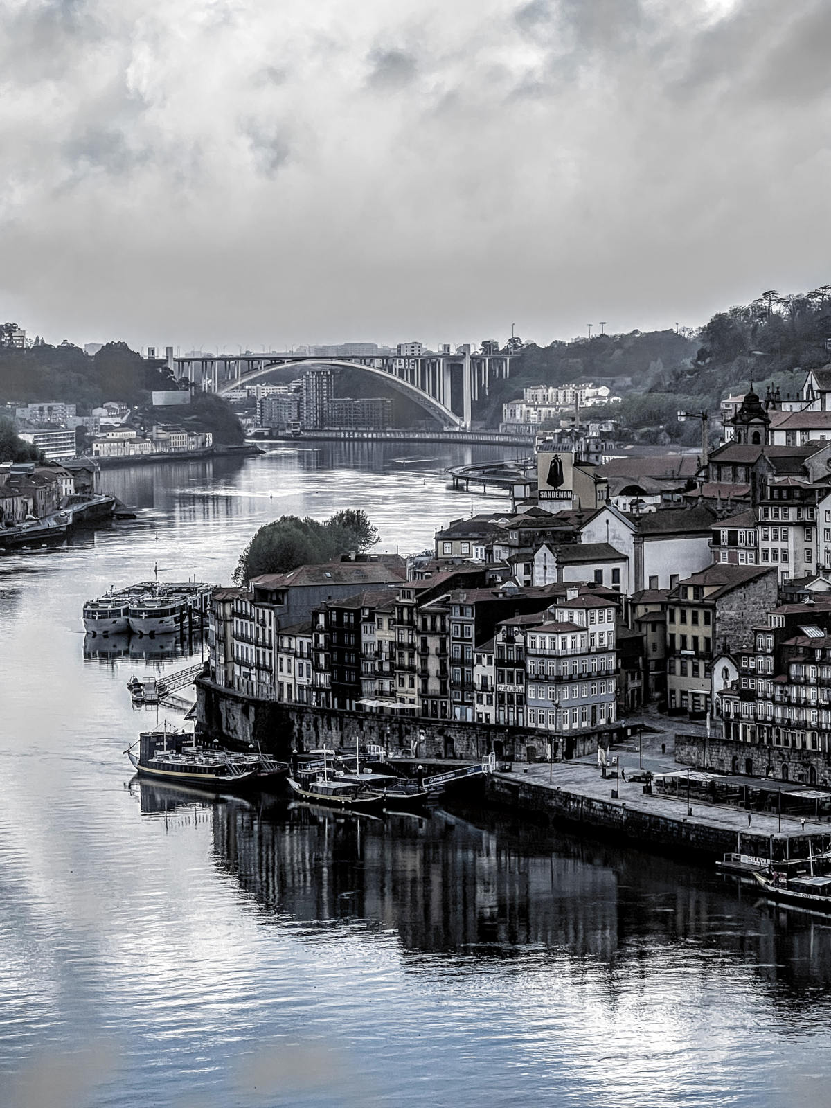 Black and white view over the Douro River and Porto.