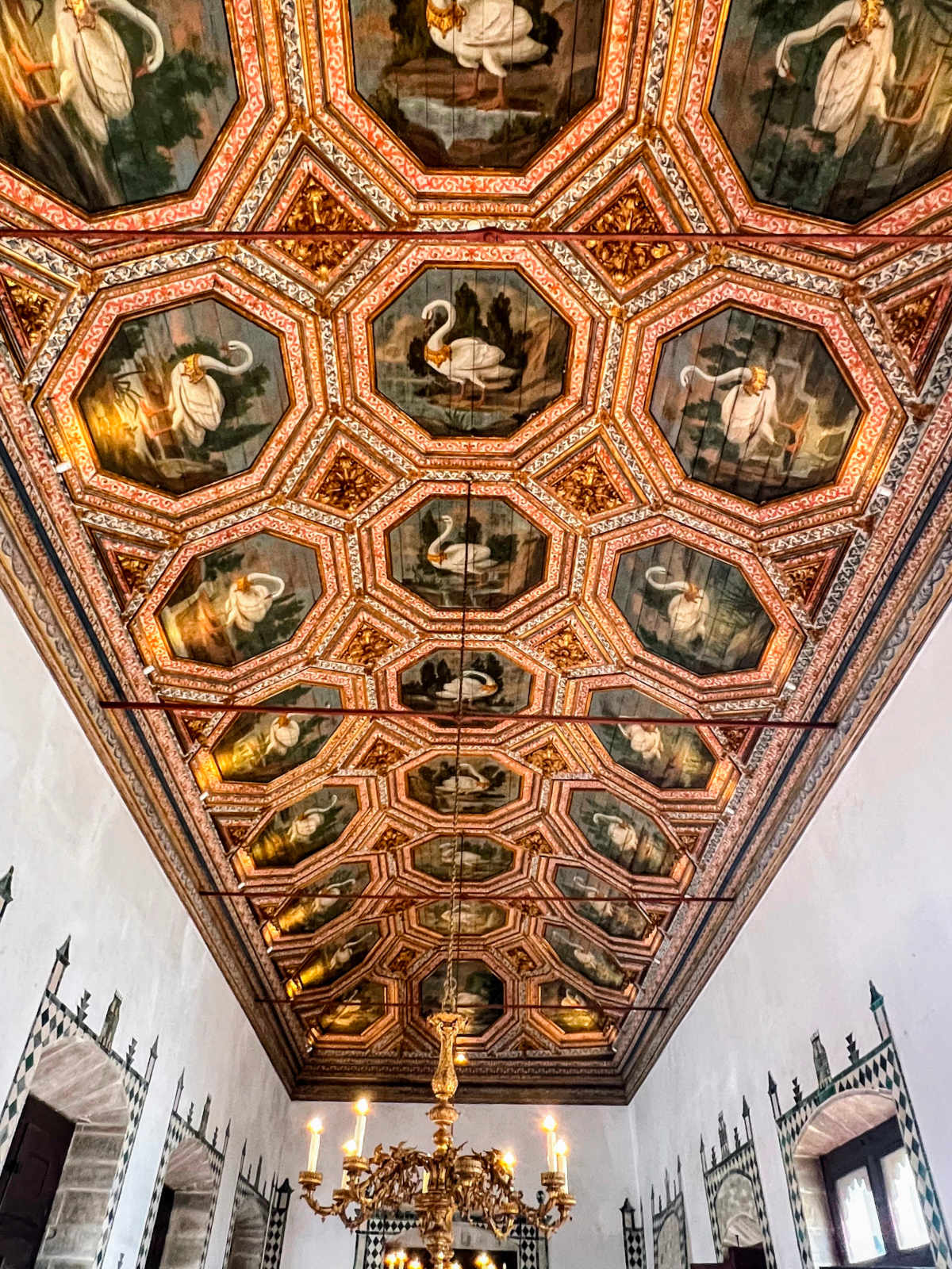 Portrait photo of an ornately painted palace ceiling featuring 20 individual white swans.